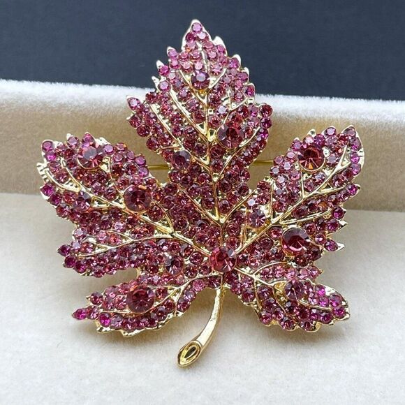 Yellow Gold with Pink Sapphire Crystal Single Maple Leaf Pin Back Brooch - Picture 6 of 8